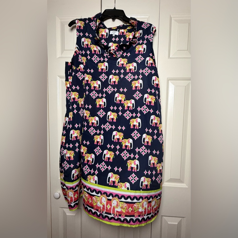Crown & Ivy Elephant Print Ruffled Neck Shift Dress‎